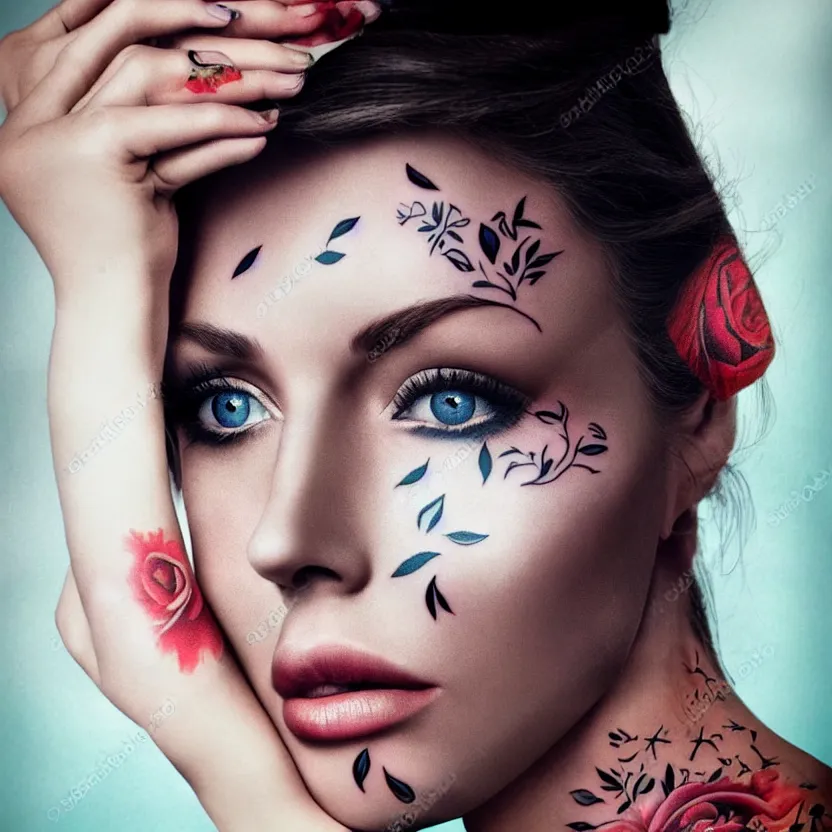 Prompt: photorealistic poster of the face of a beautiful woman with tatoos