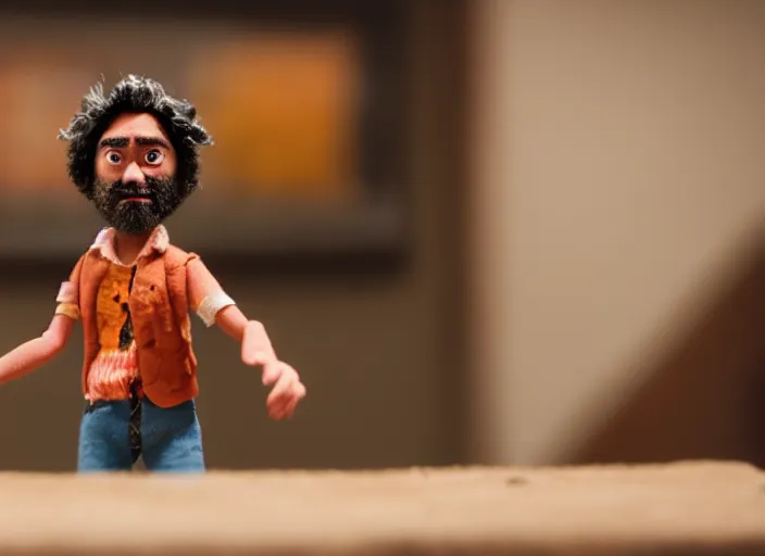 Prompt: cinematic screenshot portrait of a stop motion claymation film about a wacky adventure starring taika waititi, shallow depth of field, 1 8 mm, f 1. 8
