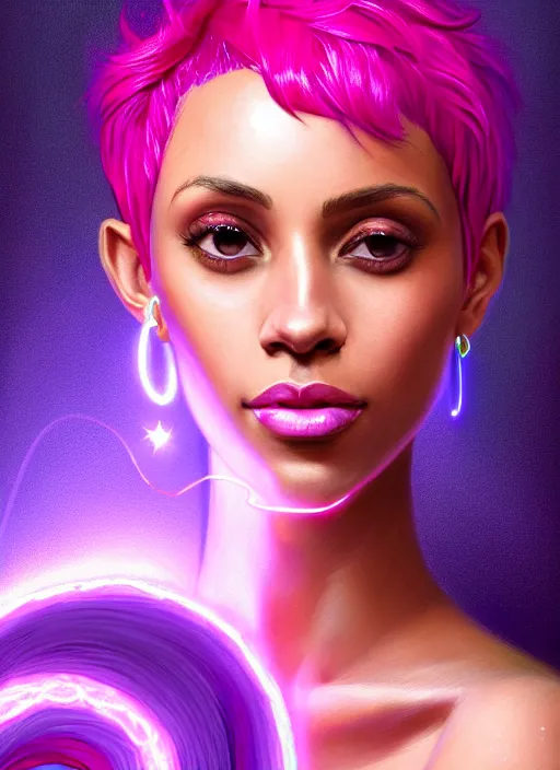 Image similar to portrait of vanessa morgan with bright pink hair, curly pixie cut hair, wearing a purple breton cap, breton cap, hoop earrings, intricate, elegant, glowing lights, highly detailed, digital painting, artstation, concept art, smooth, sharp focus, illustration, art by wlop, mars ravelo and greg rutkowski