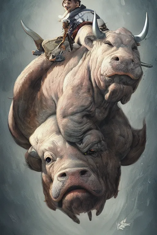 Prompt: a portrait of bull illustrated by miyazaki by karol bak, james jean, tom bagshaw, rococo, sharp focus, trending on artstation, cinematic lighting, hyper realism, octane render, 8 k, hyper detailed, vivid, ultra detailed, highly detailed