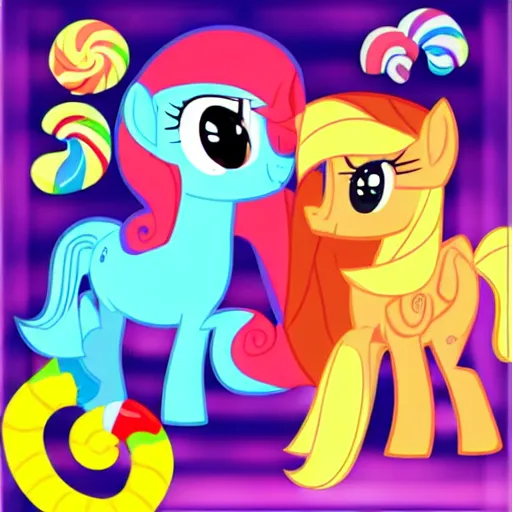 Prompt: A world of ponies and candy, cartoon for kids