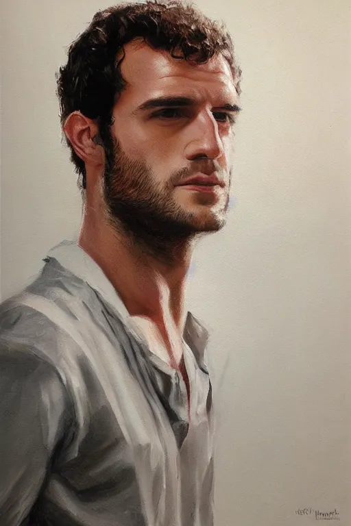 Prompt: herry cavill, attractive male, painting by artem chebokha
