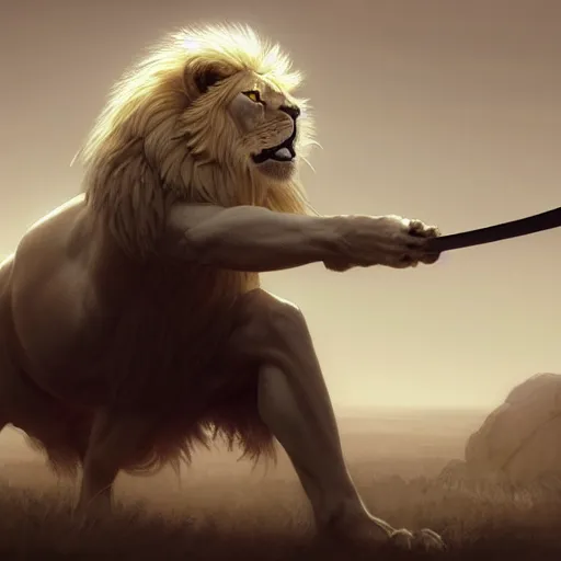 Prompt: commission of a male anthropomorphic albino lion holding a sword,digital art,art by greg rutkowski,trevor henderson,ross tran,photorealistic,hyperdetailes,highly realistic,natural lighting,deviantart,artstation,dramatic,cinematic,4k,western comic style,the sky is red,sharp lineart,hard shadows