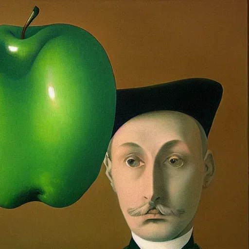 Image similar to Victorian gentlemen wearing a bowler hat behind the green apple, by magritte and beksinski