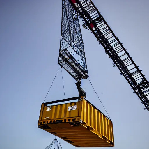 Image similar to digital photography of a crane lifting a container, shot from the ground looking up, close shot, clear sky