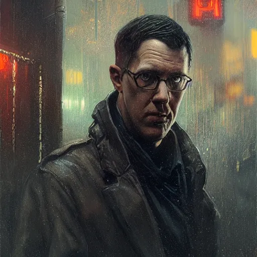 Image similar to , h p lovecraft hyperrealistic portrait, bladerunner street, art of elysium by jeremy mann and alphonse mucha and greg rutkowski, fantasy art, photo realistic, dynamic lighting, artstation, poster, volumetric lighting, very detailed face, 4 k, award winning