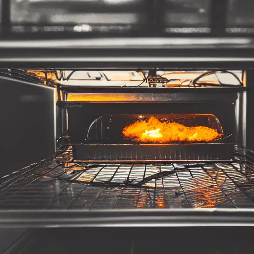 Image similar to toaster oven hangig by metallic cables, symmetry, dark messy smoke - filled cluttered workshop, dark, dramatic lighting, orange tint, sparks, cinematic, highly detailed, sci - fi, futuristic, movie still