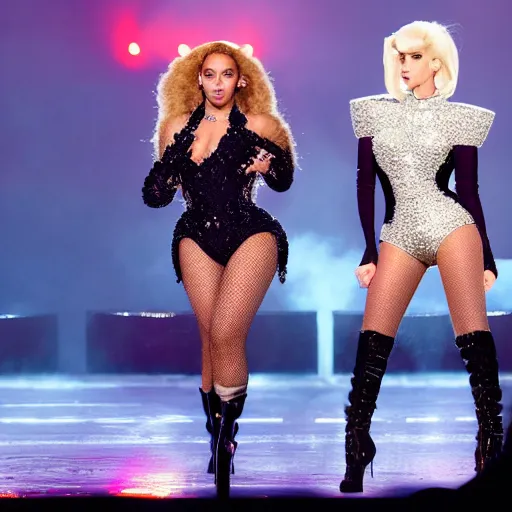 Image similar to Beyonce and Lady gaga giving a concert, EOS 5D, ISO100, f/8, 1/125, 84mm, RAW Dual Pixel, Dolby Vision, HDR, AP, Featured