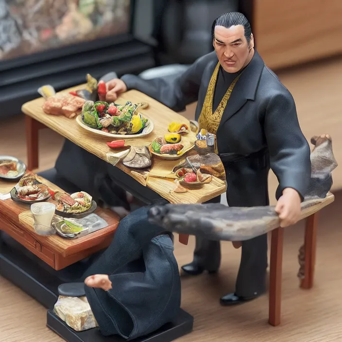 Image similar to detailed figure of steven seagal from asian connection flipping over a table of food, first 4 figures, diorama, detailed product photo