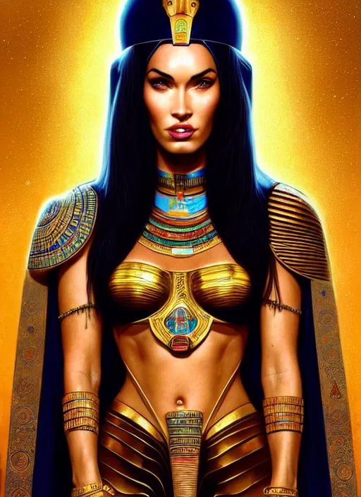 Image similar to portrait of megan fox as egypt queen, pharao, sun, mummy, scarab, pyramids, gold, intricate, headshot, highly detailed, digital painting, artstation, concept art, sharp focus, cinematic lighting, illustration, art by artgerm and greg rutkowski, alphonse mucha, cgsociety