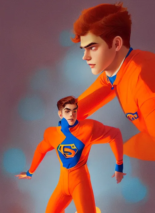 Image similar to teenage archie andrews wearing an orange superhero costume, intricate, elegant, glowing lights, highly detailed, digital painting, artstation, sharp focus, illustration, art by wlop, mars ravelo and greg rutkowski