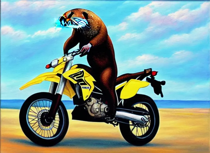 Image similar to Otter riding a DRZ 400s, realism painting, 8k, detailed,