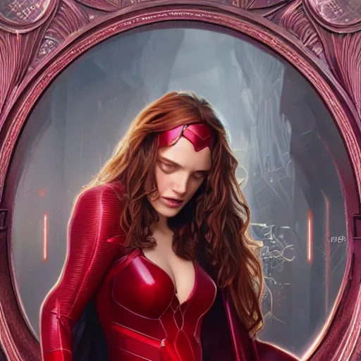 Image similar to full figure ultra realistic illustration, bella thorne as scarlet witch, intricate, elegant, highly detailed, digital painting, artstation, concept art, smooth, sharp focus, illustration, art by artgerm and greg rutkowski and alphonse mucha