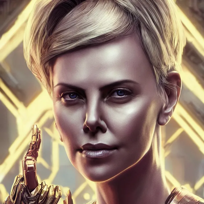 Prompt: portrait of Charlize Theron, wearing The Infinity Gauntlet. intricate artwork. by Tooth Wu, wlop, beeple, dan mumford. octane render, trending on artstation, greg rutkowski very coherent symmetrical artwork. cinematic, hyper realism, high detail, octane render, 8k, iridescent accents