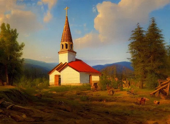 Prompt: the small wooden villages of siberia with an orthodox church, russia in the style of hudson river school of art, oil on canvas