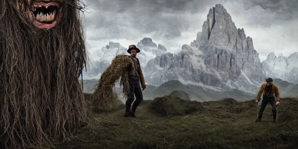 Image similar to alpine farmer transforming into a monster ,roots and hay coat, dolomites in background, dark, eerie, despair, portrait photography, artstation, digital art, concept art, artstation, highly detailed, sharp focus, by caravaggio