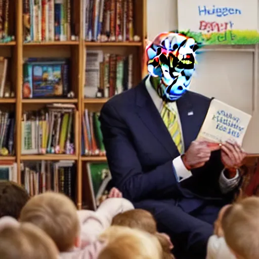 Prompt: joe biden struggling to read the hungry caterpillar children ’ s book