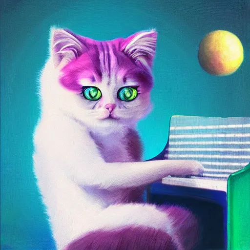 Prompt: an fluffy cat playing an piano, synthwave, digital art, oil painting, 3 d