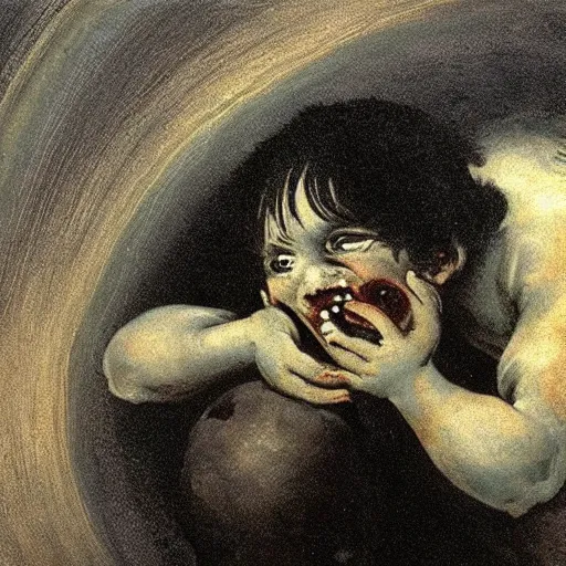 Prompt: saturn devouring his own child, painted by goya