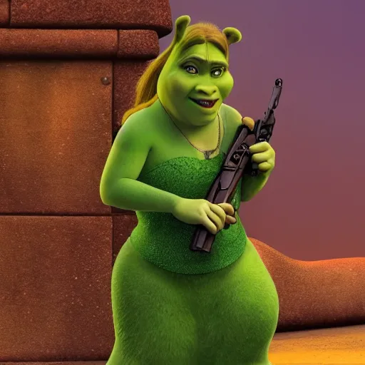 fiona from shrek holding a gun, Stable Diffusion