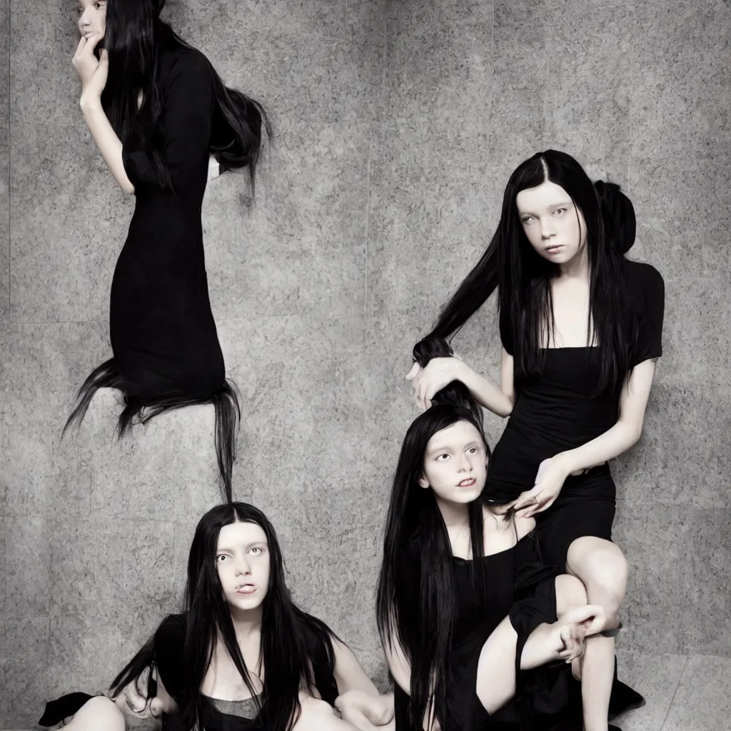 Image similar to photo of young girl with straight long black hair wearing black dress and sitting on bathroom floor, photo made by mario testino and vanessa beecroft, render by artgem for capcom co, resident evil