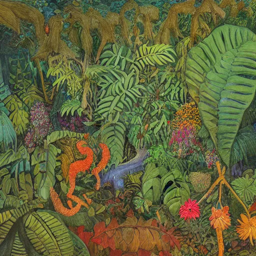 Prompt: jungle scene, leaves, vines, flowers, intricate details, volumetric lighting, vivid colors, panorama, Artwork by Elsa Beskow