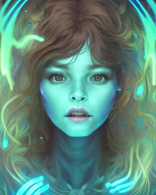 Prompt: portrait of a cute female creature, bioluminescent, claws, horror, happy, highly detailed, digital painting, cinematic, hyperrealism, dark retrowave, art by stanley lau and artgerm and magali villeneuve and alphonse mucha, artstation, octane render, cgsociety