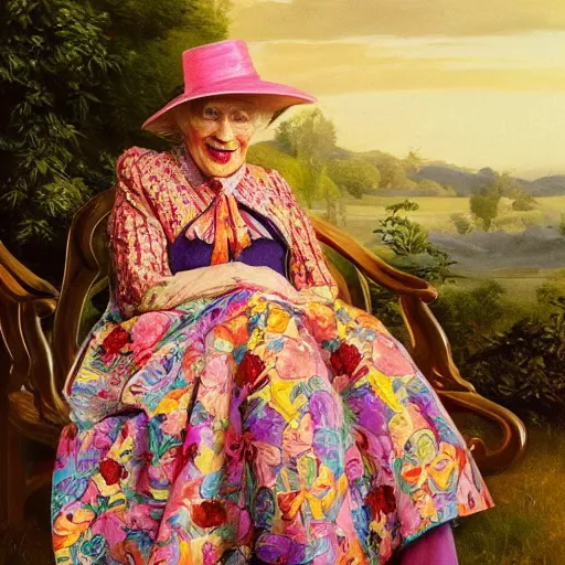 Prompt: elderly woman dressed in extremely colorful clothes with many strange patterns posing for a high fashion photoshoot, haute couture, golden hour, artstation, by J. C. Leyendecker and Peter Paul Rubens