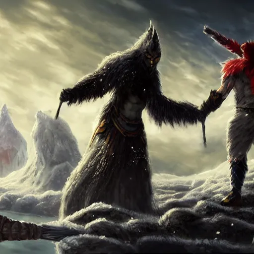 Prompt: a catperson facing off against a frost giant, fantasy art, 4 k