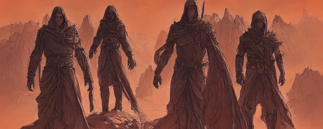 Image similar to lone wandering male figure in heavy robes and desert survival gear, artstyle of Moebius, style of Philippe Druillet, style of Rodan, brutalist style overall aesthetic, warm colors, trending on Artstation