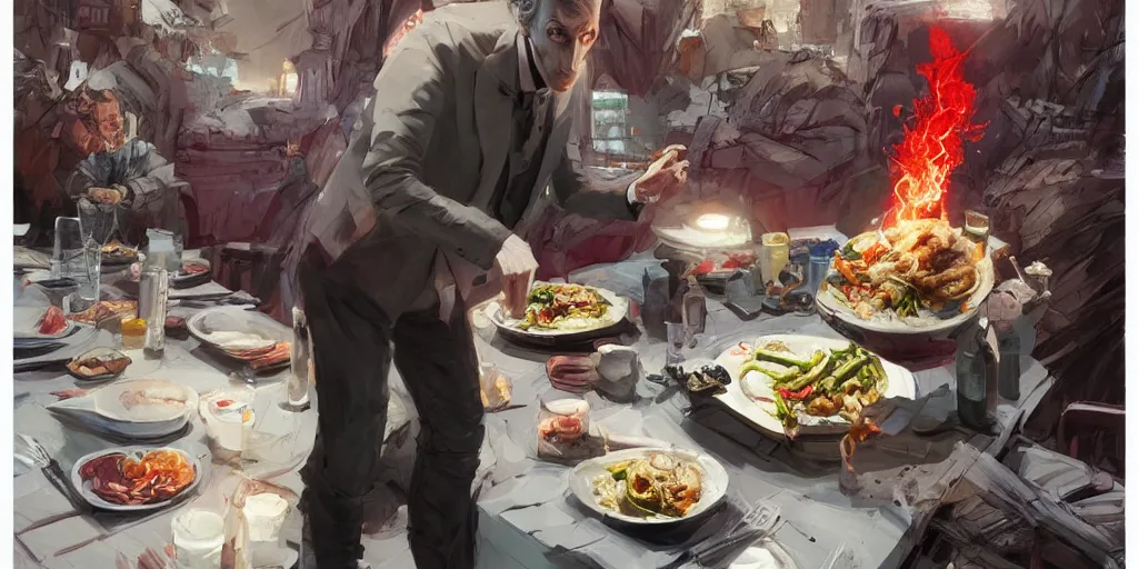 Image similar to cartoonish peter capaldi eating dinner, vivid colors, character sheet, fine details, concept design, contrast, kim jung gi, greg rutkowski, trending on artstation, 8 k, full body, turnaround, front view, back view, ultra wide angle