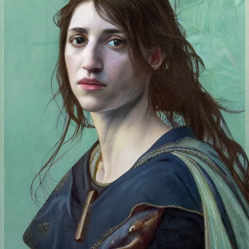 Image similar to portrait of charlotte gainsbourg as joan of arc, hyperreal digital painting, iconography influenced by alphonse mucha and eugene delacroix, arstation and deviantart trends, high resolution 8 k