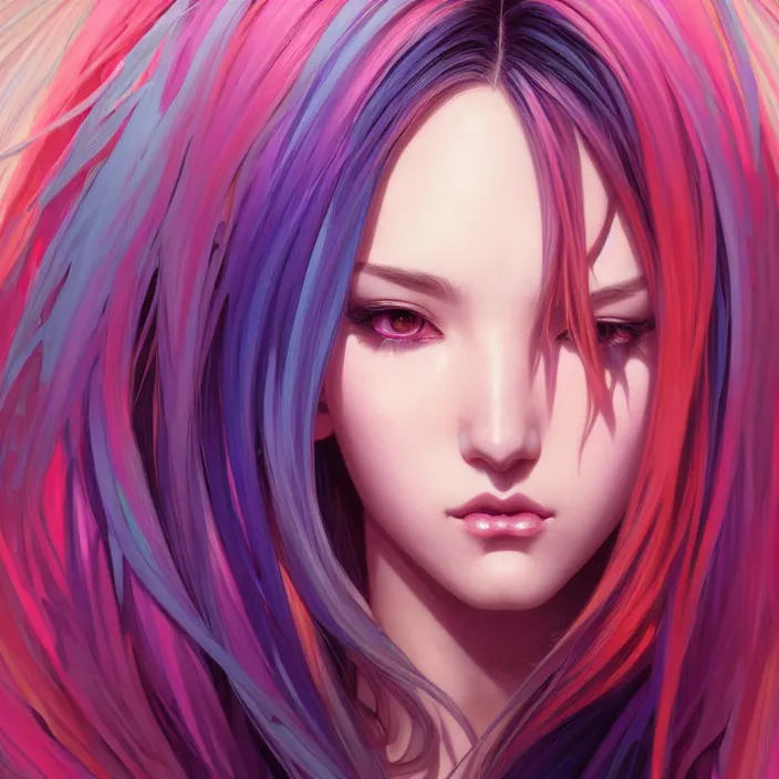 Image similar to portrait of beautiful symmetrical anime girl, rainbow hair, attractive, casual, modern, victoria's secret, highly detailed, digital painting, artstation, concept art, smooth, sharp focus, illustration, art by moebius artgerm, greg rutkowski and alphonse mucha, 8 k,