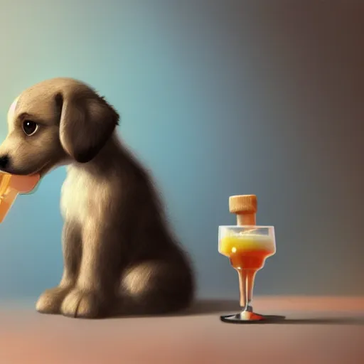 Image similar to cute puppy drinking juice, masterpiece, 8k, fantasy, cinematic lighting, highly detailed, digital painting, artstation, smooth, sharp focus, illustration, by Pixar