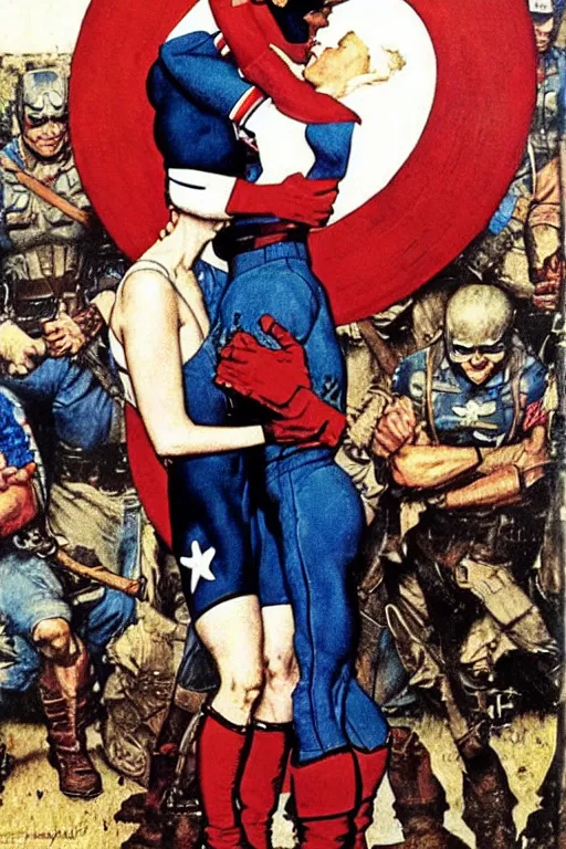 Image similar to norman rockwell painting of captain america romantically kissing captain america