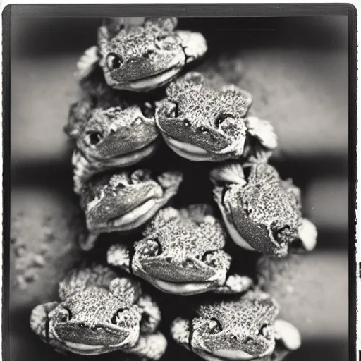 Prompt: pile of lazy toads, beautiful polaroid photo, pinhole, lomography,