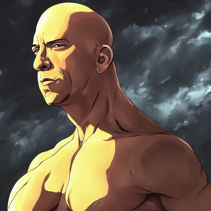 Image similar to landscape, long shot of far, distant vin diesel as saitama! punching!!! a car!!!!!! into space, hyperrealism, trending on artstation