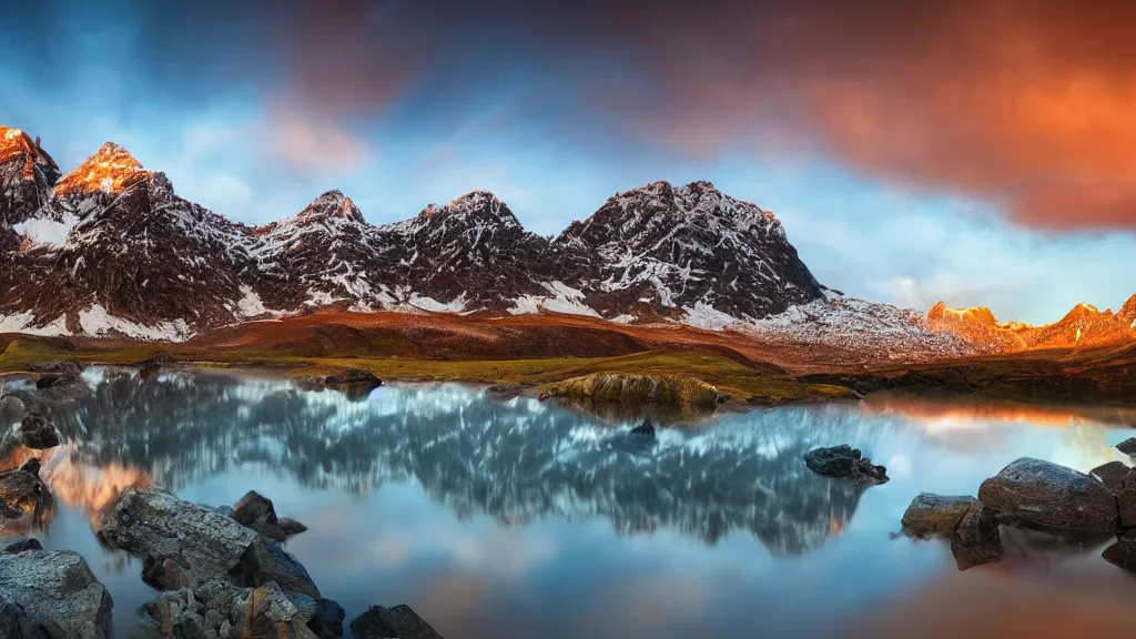 Image similar to amazing landscape photo of mountains with lake in sunset by marc adamus, beautiful dramatic lighting