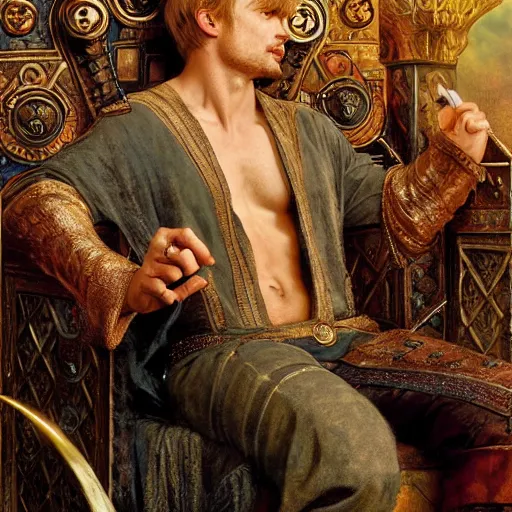 Prompt: attractive bradley james as king arthur pendragon sat in his throne, natural lighting, path traced, highly detailed, high quality, digital painting, by gaston bussiere, craig mullins, alphonse mucha j. c. leyendecker