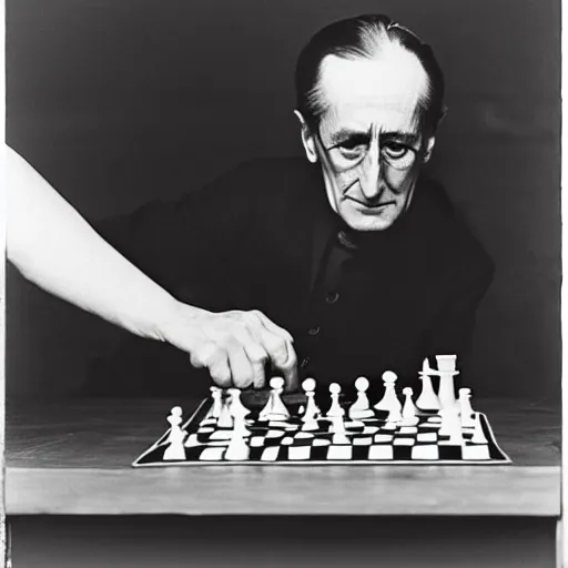 Image similar to a filmstill of Marcel Duchamp playing chess, reuters by Irving Penn