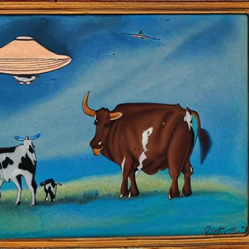 Prompt: A Large UFO Abducting a Cow, Blue Mist, exquisite details