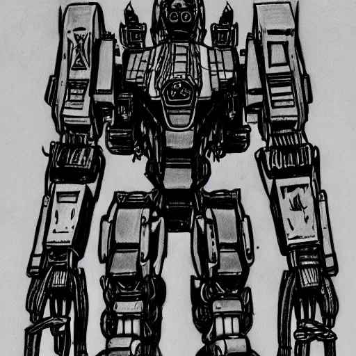 Image similar to a scary horror themed mecha, drawn with charcoal and pen and ink, half-tone-line-stacking