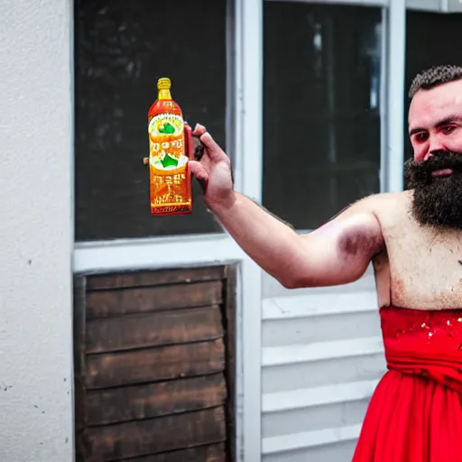 Prompt: evil bearded man in wedding dress attacking with a bottle of sriracha