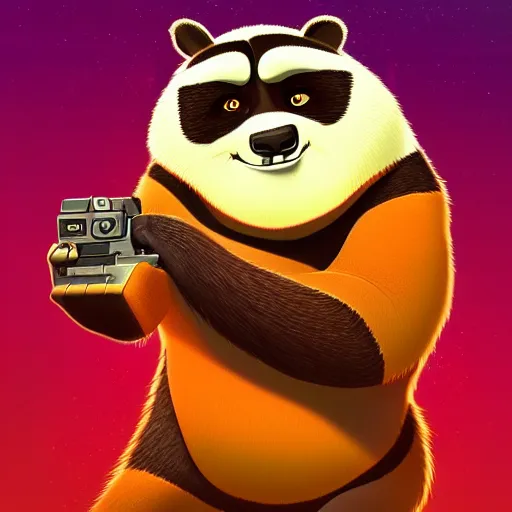 Image similar to “ portrait of a racoon in the style of kung fu panda holding laser gun, with a black background, digital art, award winning, trending on art station, retro style ”