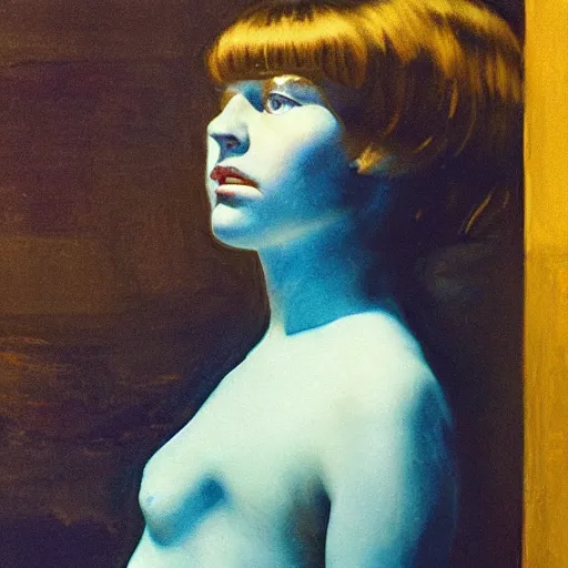 Image similar to close up of a girl in a blue and gold haunted liminal abandoned room, film still by edward hopper, by gottfried helnwein, by klimt, art noveau, highly detailed, strong lights, liminal, eerie, bright pastel colors,