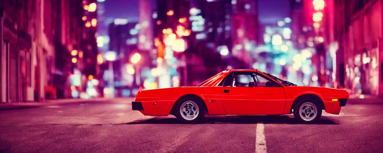 Image similar to 80s red sports car, parked on deserted city street at night time, purple lighted street, retrowave vibes, grainy, soft motion blur, VHS Screencap
