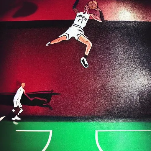 Image similar to “ abstract painting of a llama in a jersey dunking a basketball like michael jordan, shot from below, tilted frame, 3 5 °, dutch angle, extreme long shot, high detail, dramatic backlighting, indoors. in the background is a stadium full of people. ”