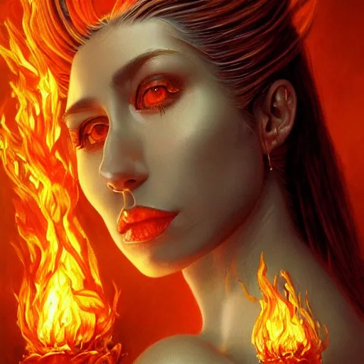 Image similar to A stunning portrait of a goddess, her body made of flames, by Jim Burns, intricate, fantasy, Trending on artstation.