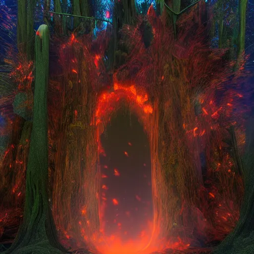 Image similar to a beautiful firey portal to another dimension, floating in the air, in a forest clearing, hyper detailed, 8 k