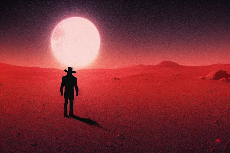 Image similar to A cowboy plague doctor in the distance facing camera, on mars. distant background, red lighting, digital art, acrylic, colorful, ominous, bleak, moonlight, bokeh, depth of field, synthwave, psychedelic, glitch, acrylic, flooko, detailed, cybernetic, sci-fi, glows,